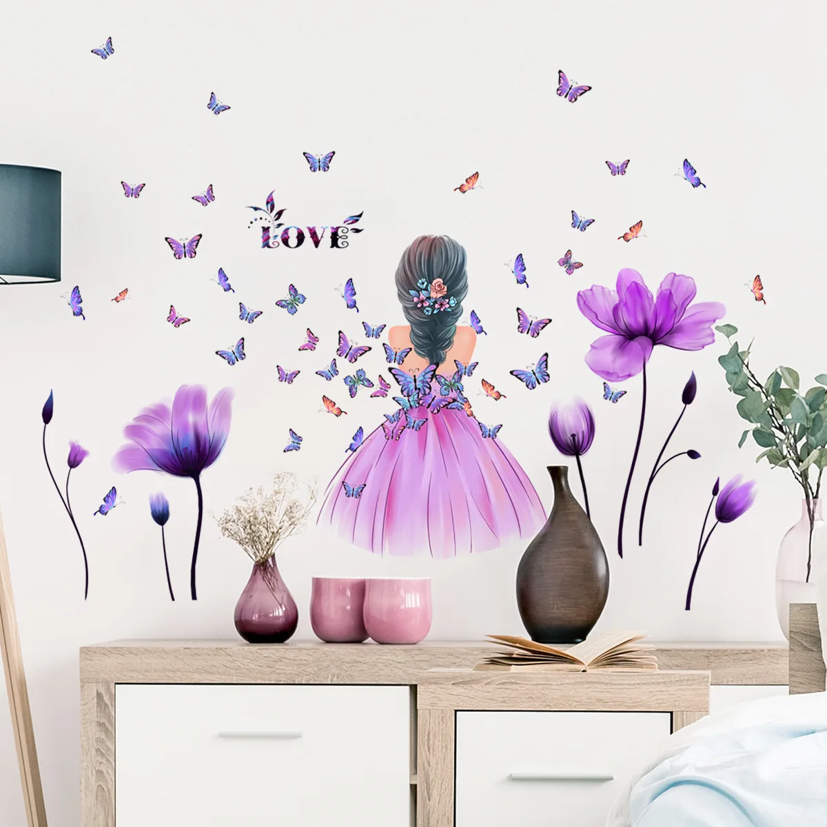 Adesivo de parede dos desenhos animados para decoração de quarto infantil, tulipa, menina, borboleta, auto-adesivo, mural, 4pcs