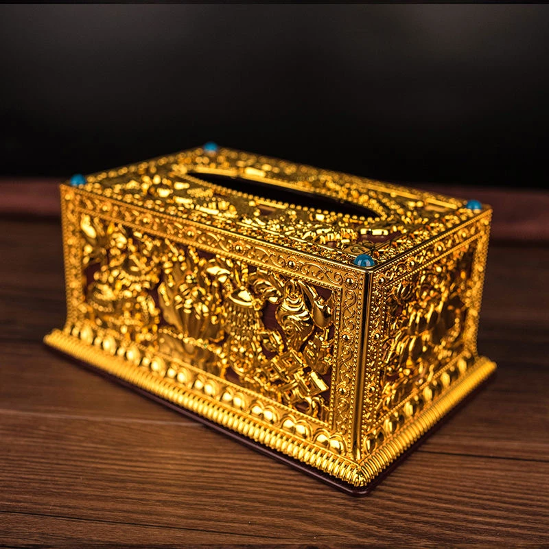 Tibetan Engraved Golden Plastic Paper Box Toilet Living Room Napkin Dispenser Buddhist Storage Box Organizer Desktop Decorative