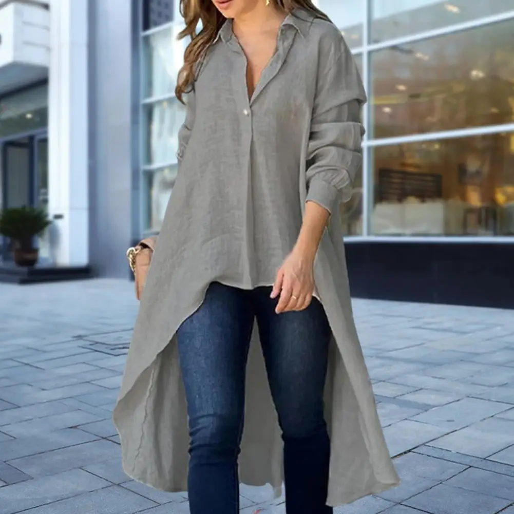 

Women Shirt Lapel Buttons Neckline Long Sleeve Shirt Irregular Hem Loose Fit Thin Shirt Tops Workwear