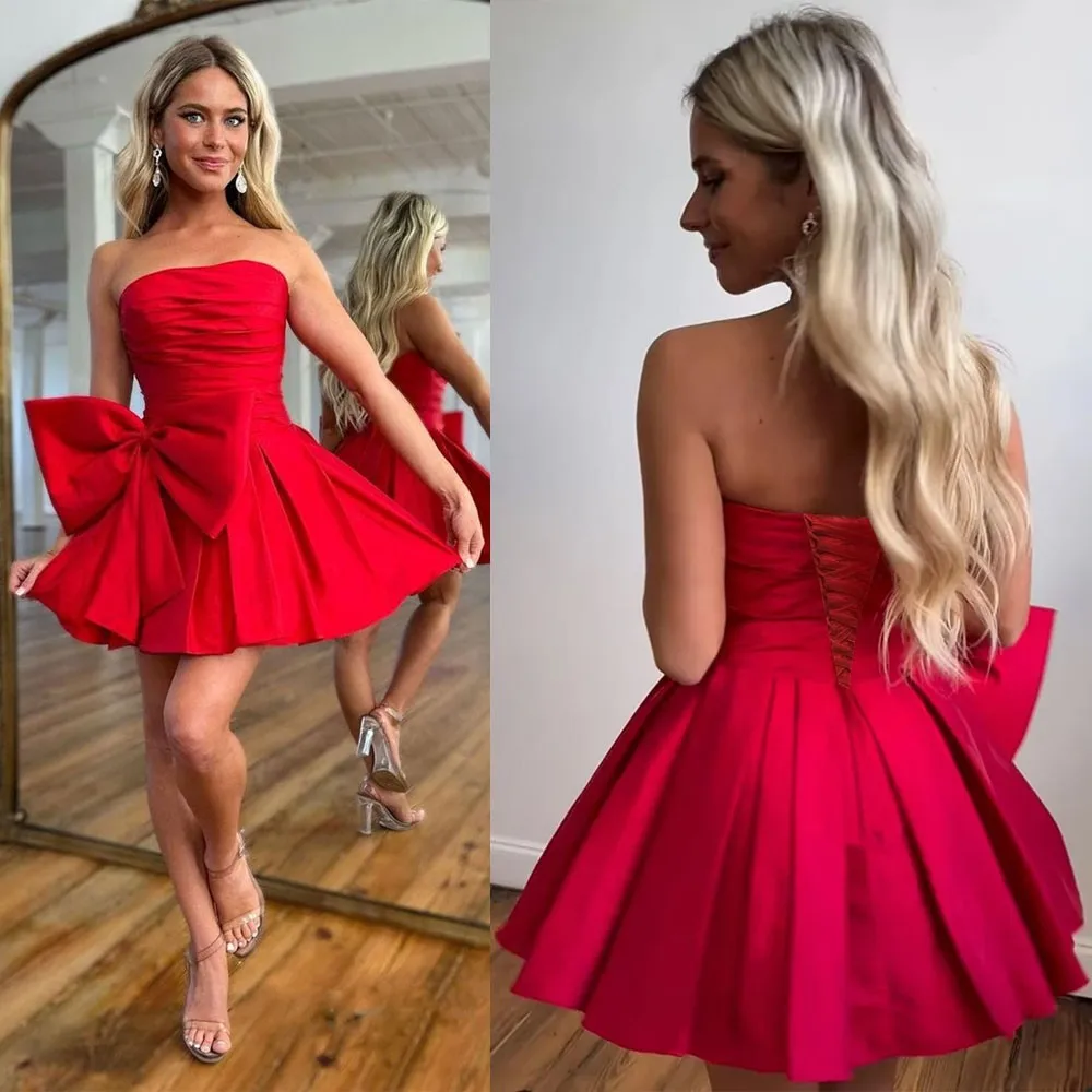 Taffeta Homecoming Dresses Strapless Big Bow Lace Up Ruched Mini A Line Elegant Party Prom Cocktail Graduation Vestido Curto