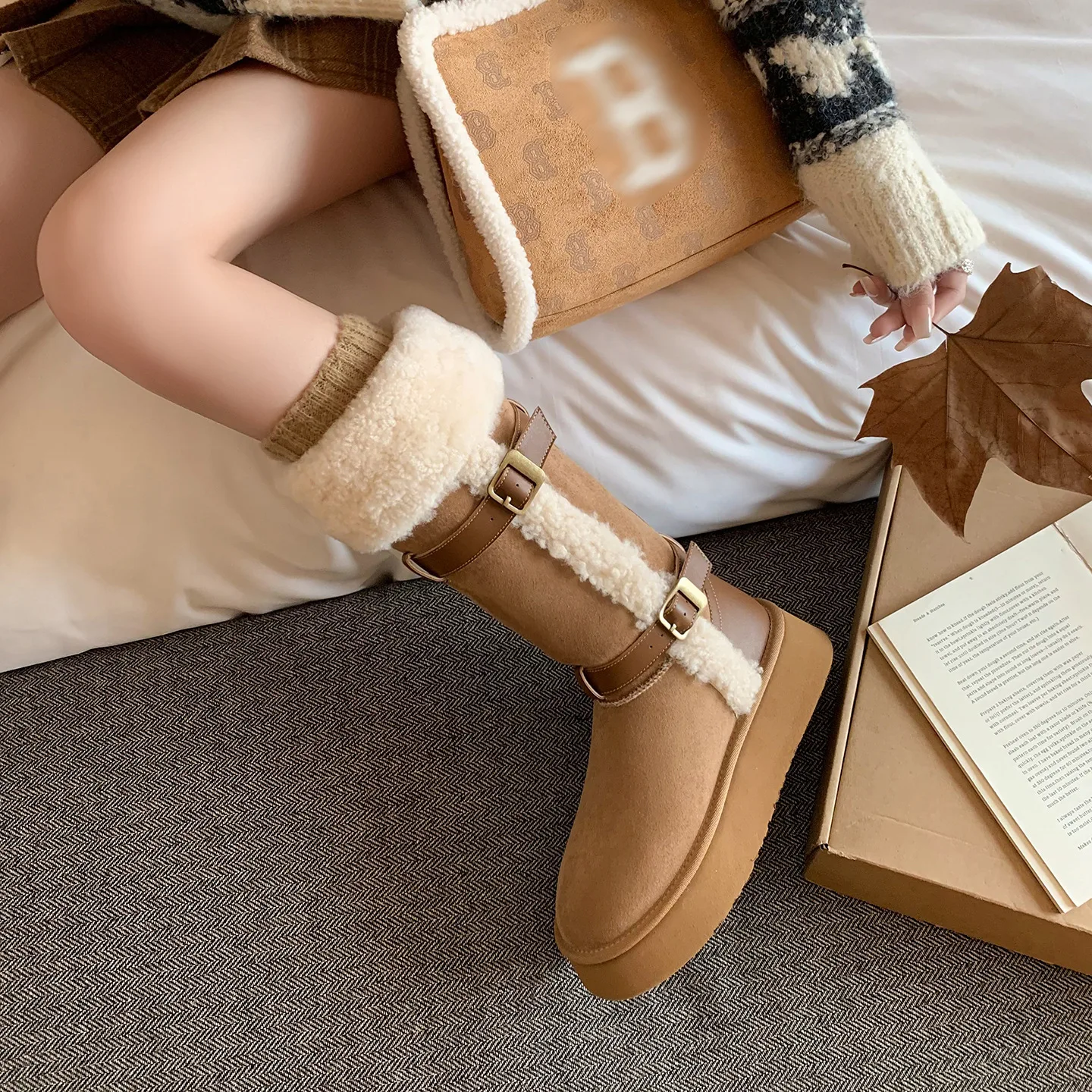 المرأة الجمل شيرلينغ مبطن أحذية الثلوج مشبك ديكور منتصف العجل الأحذية الدافئة مقاوم للماء عدم الانزلاق منصة الأحذية لفصل الشتاء في الهواء الطلق #2