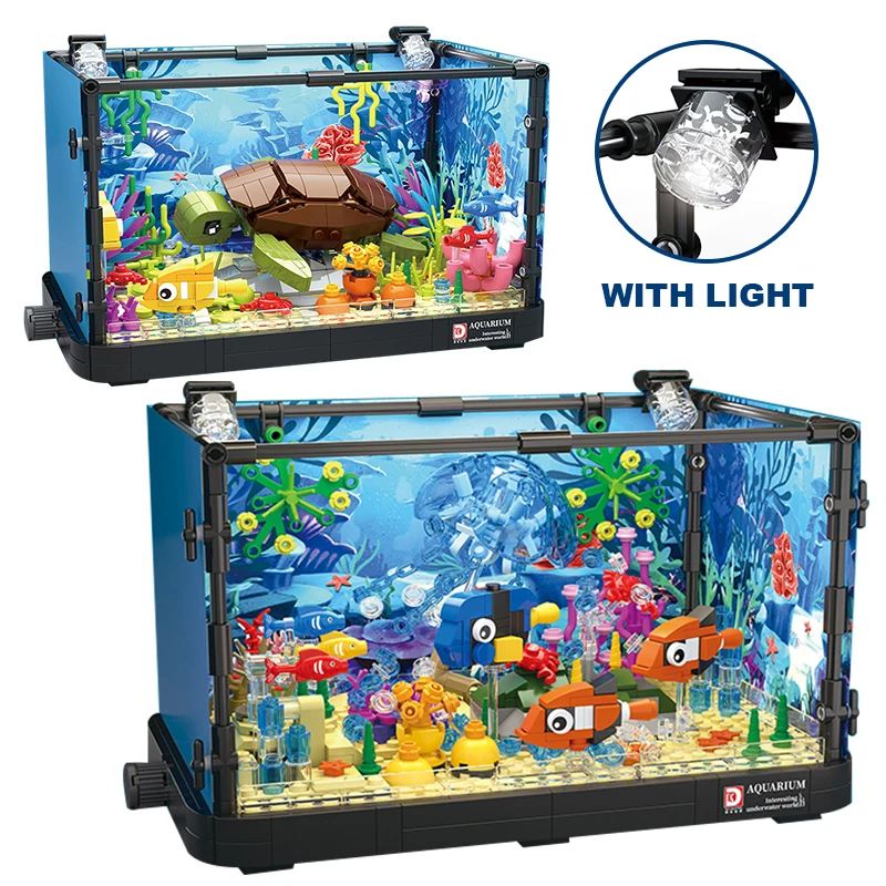 Fishbowl Aquarium Series Building Blocks Sea Turtle Jellyfish Fish Tank With Light Seafloor Assemble Bricks Toy For Children Kid