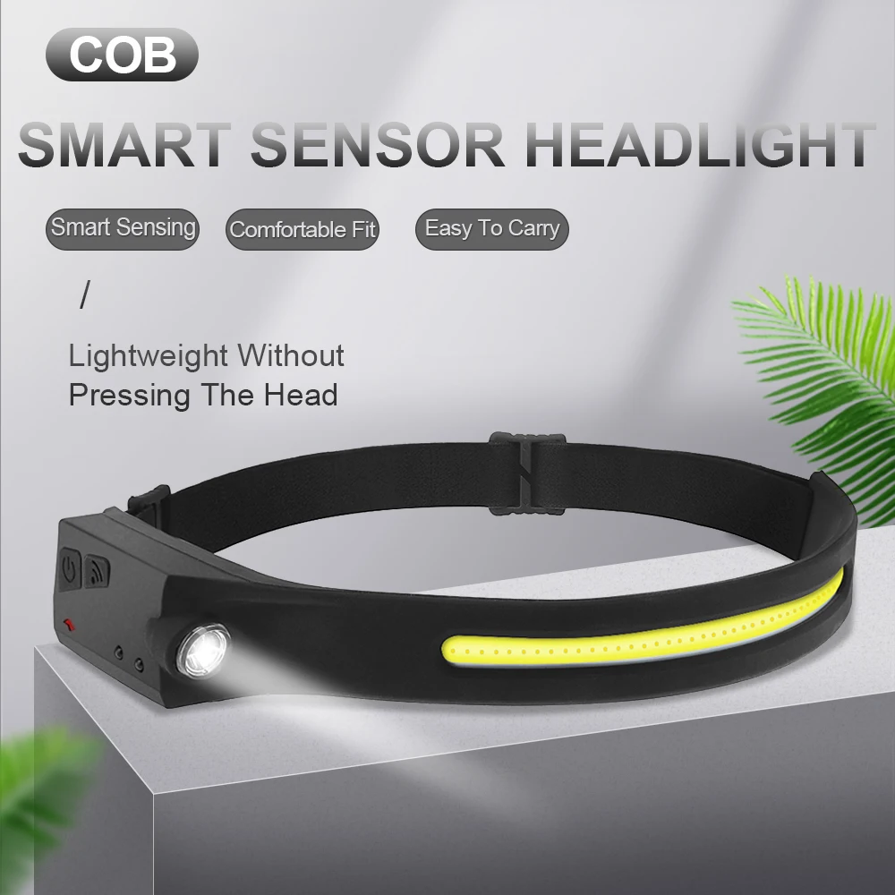 10W White Light Rechargeable Headlamp COB LED USB 4 Modes Lights Sensor Headlight Built-in Battery for Camping Lighting