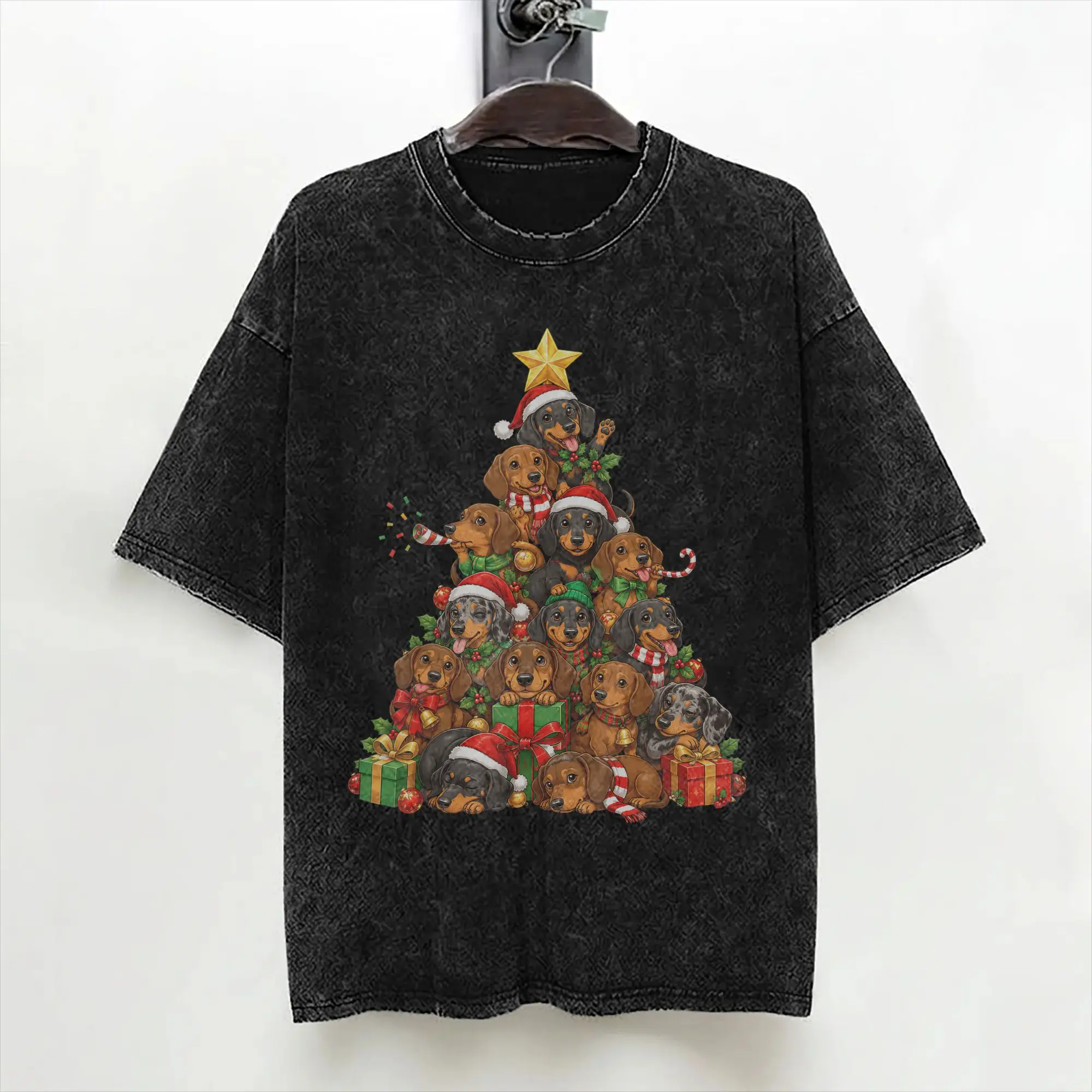 Dachshund Christmas Tree Holiday Puppy T Shirt Washed Short Sleeve Street T-Shirt for Men Women Streetwear Summer Tee Shirt