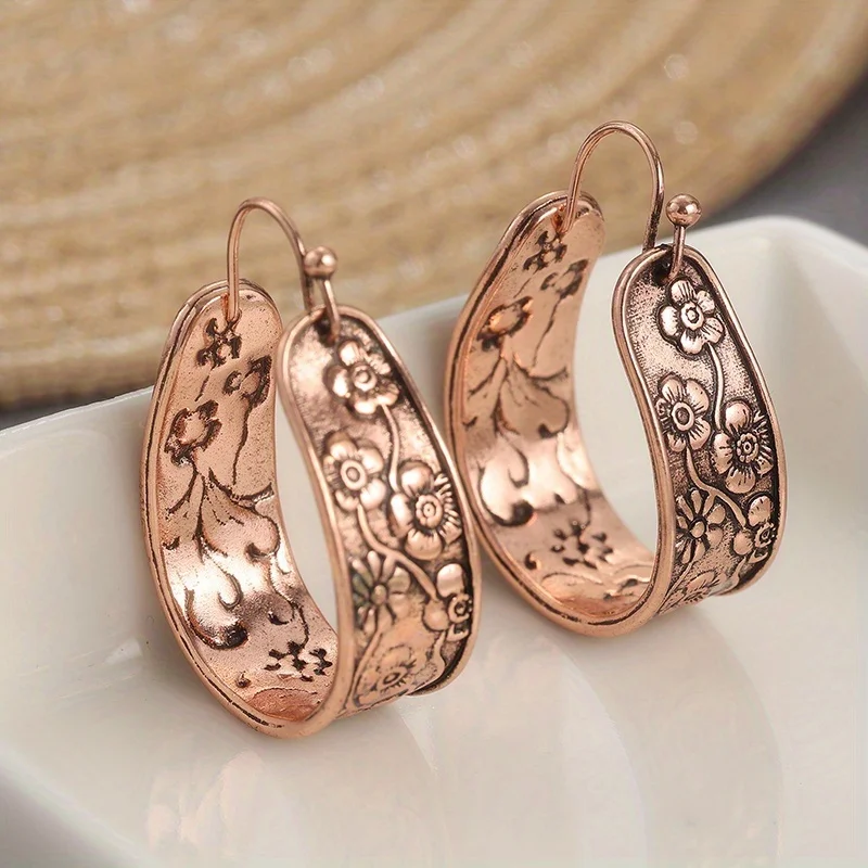 Vintage Trendy Carved Flower Geometric Pendant Earrings, Women's Bohemian Ethnic Style Holiday Accessories Gifts
