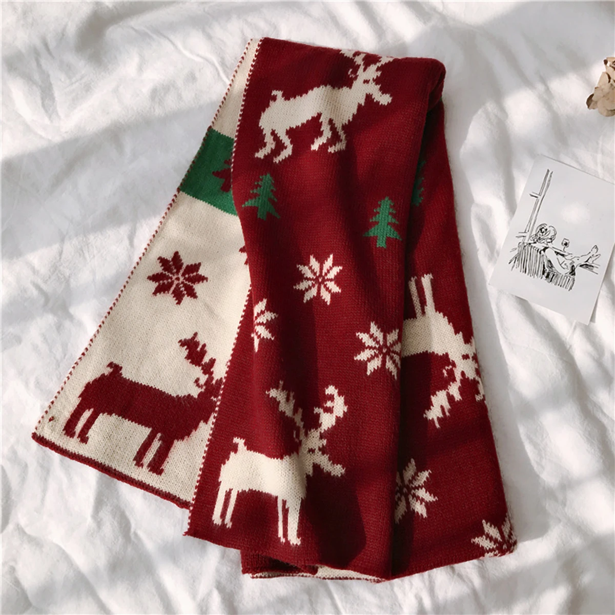 2024 Christmas Female\'s Long Scarves Fashion Claret Pashmina Shwal with Elk Deer and Snowflake Soft and Warm for Women Outdoor