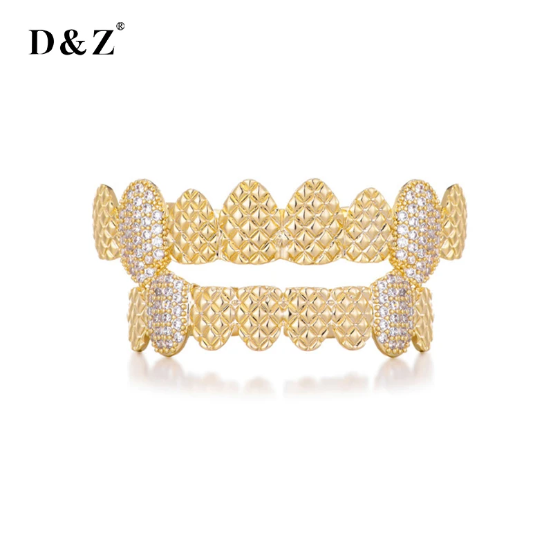 D&Z New Vampire CZ Stone Teeth Grillz Top & Bottom Grills Brass Material Teeth Caps Cosplay Party Rapper Hip Hop Jewelry