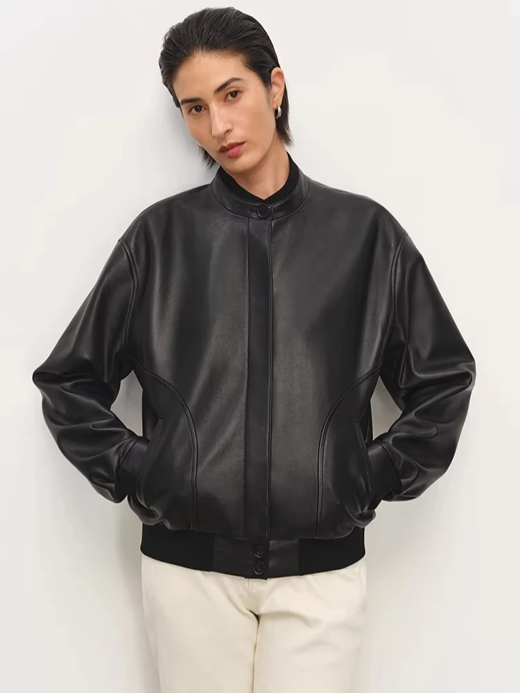 

Casual Short Genuine Leather Bomber Jackets for Women Spring Autumn High-end Simple Stand Collar Soft Black Real Sheepskin Coat