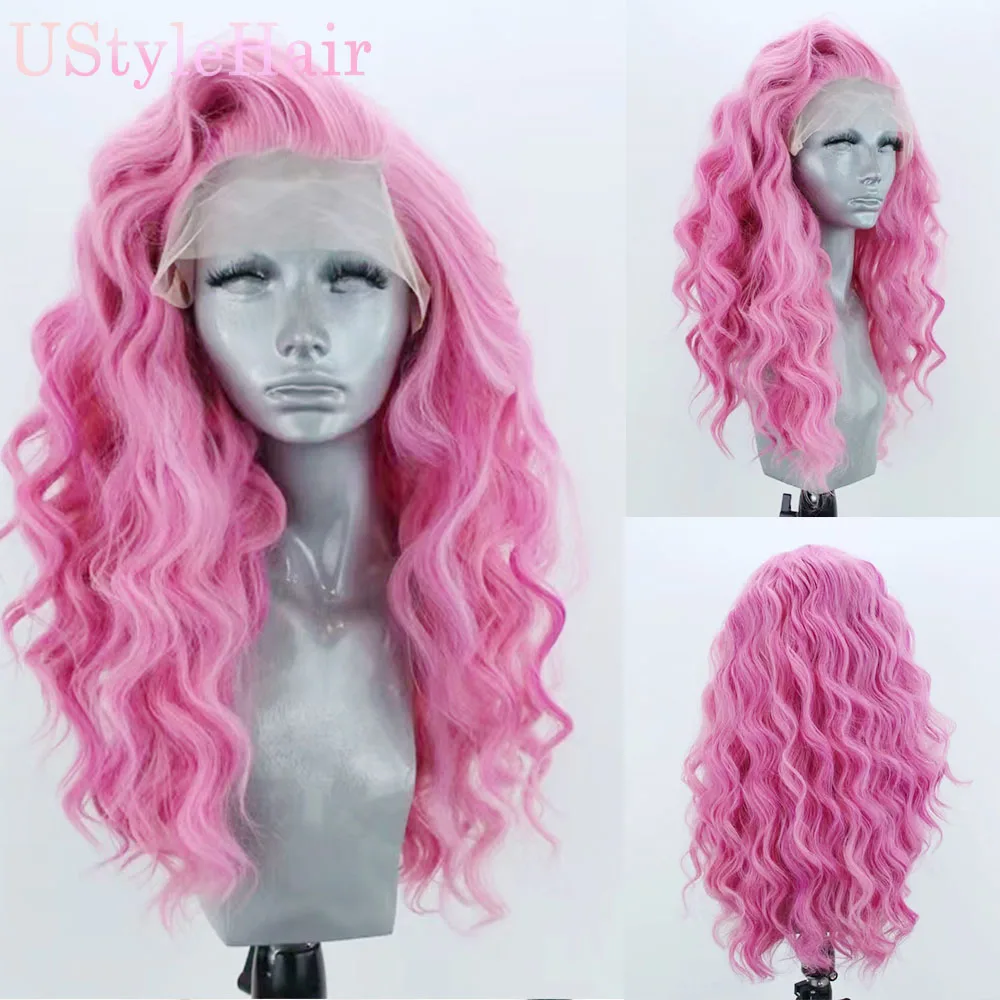 UStyleHair Pink Wig Long Loose Curly Wigs for Women Synthetic Lace Front Wig Natural Hairline Daily Use Cosplay Pink Lace Wig