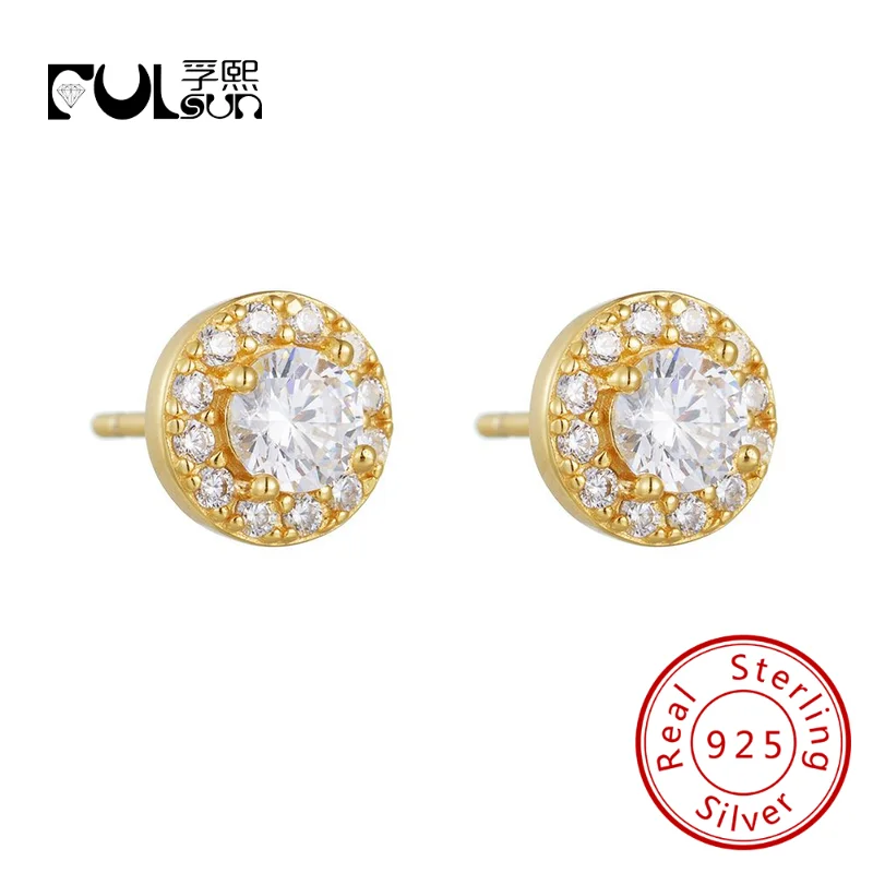 Classic Dauphine Zirconia Halo Single Stone Earrings 925 Sterling Silver 18k Gold Plated Fine Jewelry