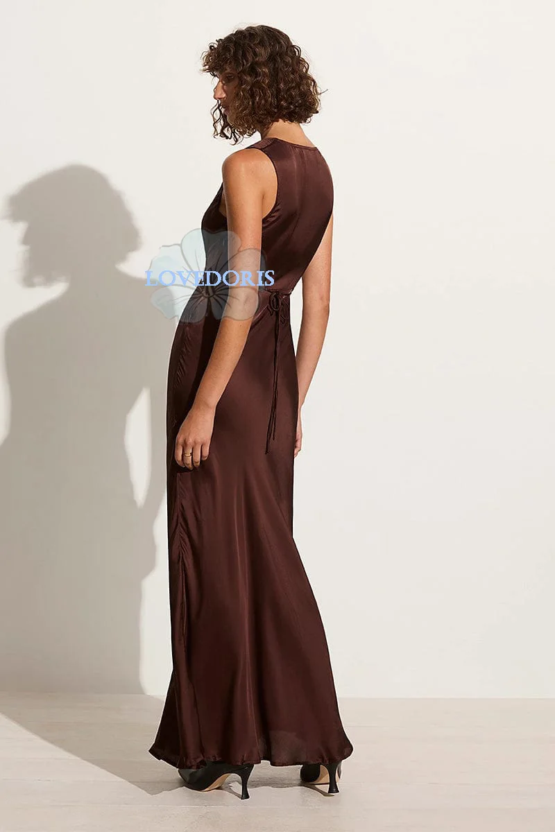 LoveDoris Bridesmaid Dress Coffee V-Neck Wedding Dress A-Line Satin Evening Prom Dress Grown Charming Dress Customize