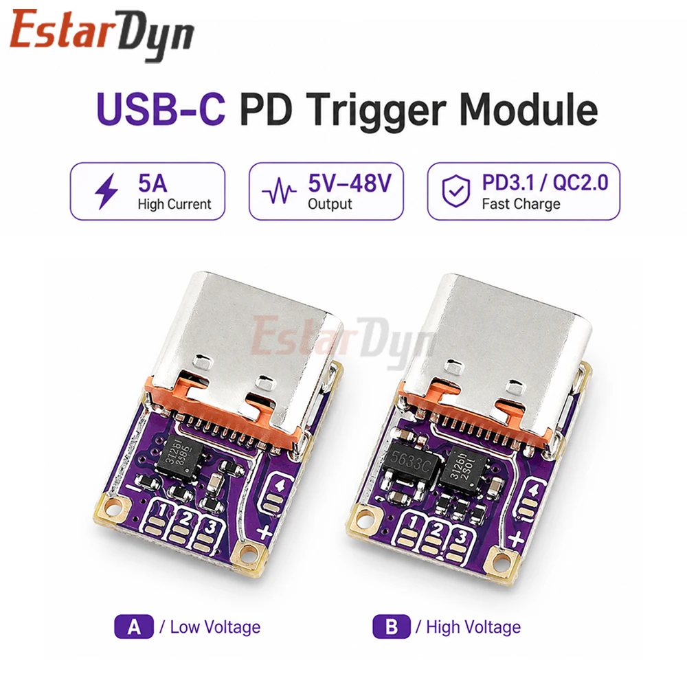 Estardyn PD3.0 PD3.1 QC3.0 Deceiver Fast Charging Module DC 5/9/12/15/20/28/36/48V Voltage Trigger PD to DC Type C Interface