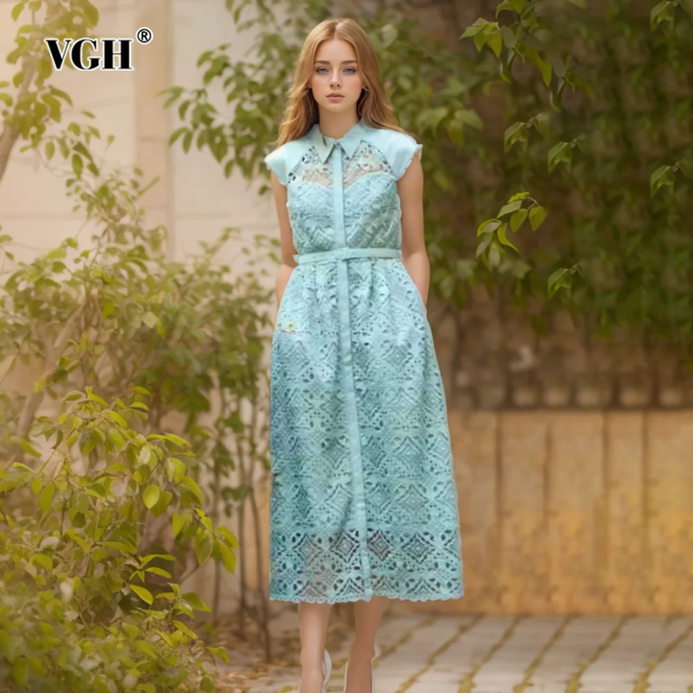 

VGH Solid Hollow Out Embroidery Dresses For Women Lapel Sleeveless High Waist Spliced Single Breasted Elegant Dress Female New