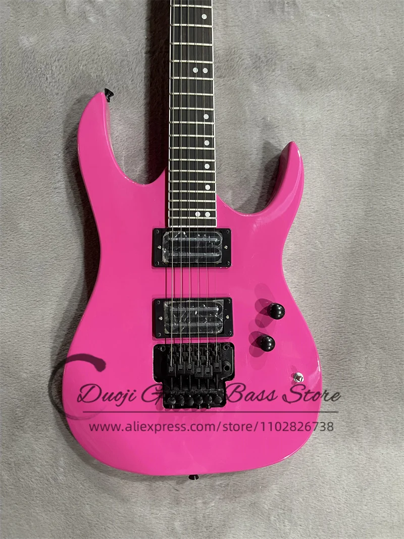 Factory Pink Electric Guitar Pink Neck Rosewood Fingerboard 24 Frets Tremolo Bridge HH Pickups Black Tuners Customization