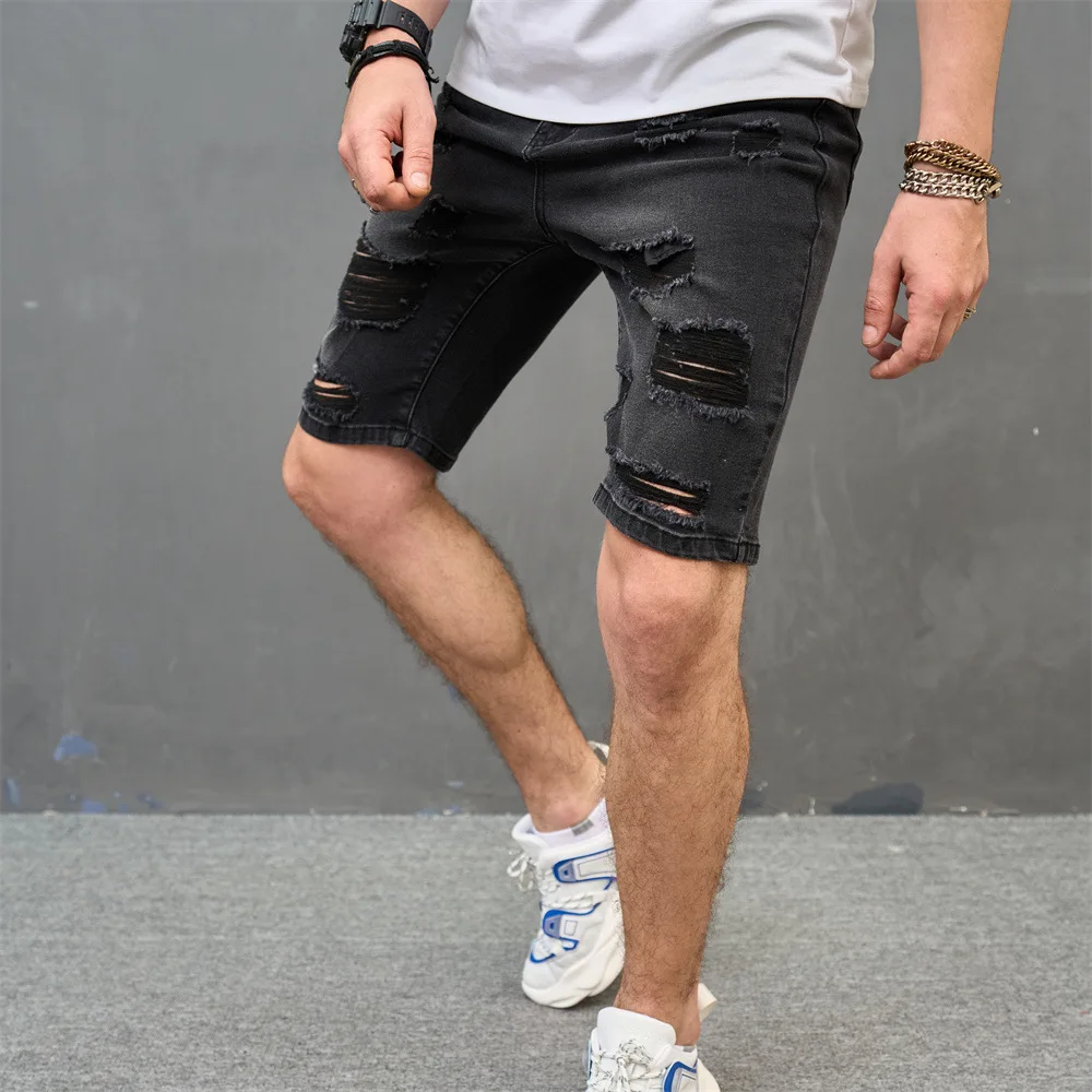 Mens Jeans Shorts 2023 New Trendy Retro Washed Perforated Knee Length Denim Shorts Large Size Ripped Jeans