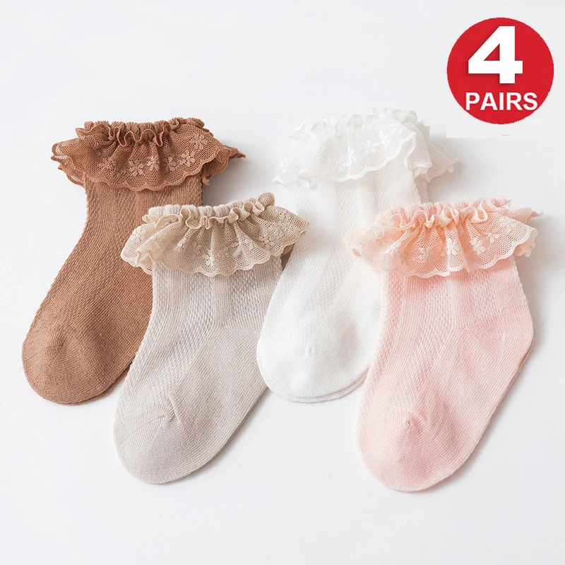 

4Pairs Baby Girls Sweet Lace Ruffle Frilly Princess Pure Cotton Ankle Socks Set Infant Newborn Kids School Party Socks Summer