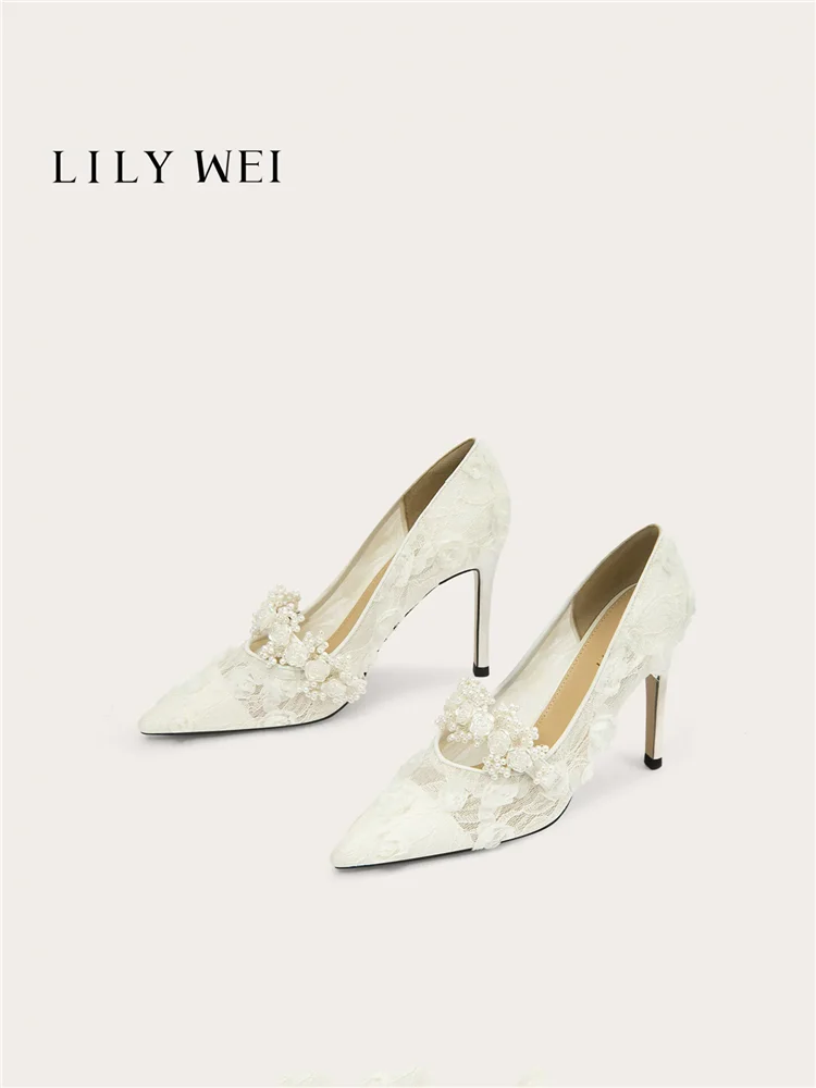 

Spring and summer pointed pearl flower ribbon lace mesh wedding shoes banquet large size small size slim high-heeled women shoes