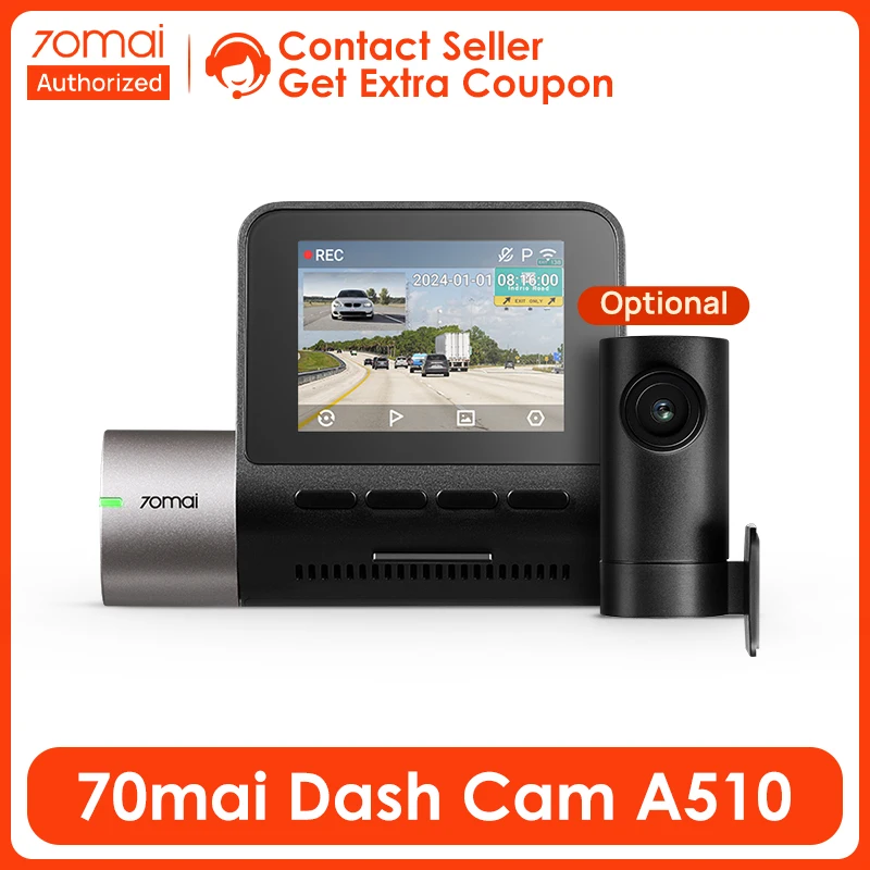 70mai Видеорегистратор A510 2024 Новая глобальная камера 140FOV 1944P HDR ADAS GPS Автомобильная камера 70mai A510 DVR Поддержка задней камеры 24H Монитор парковки