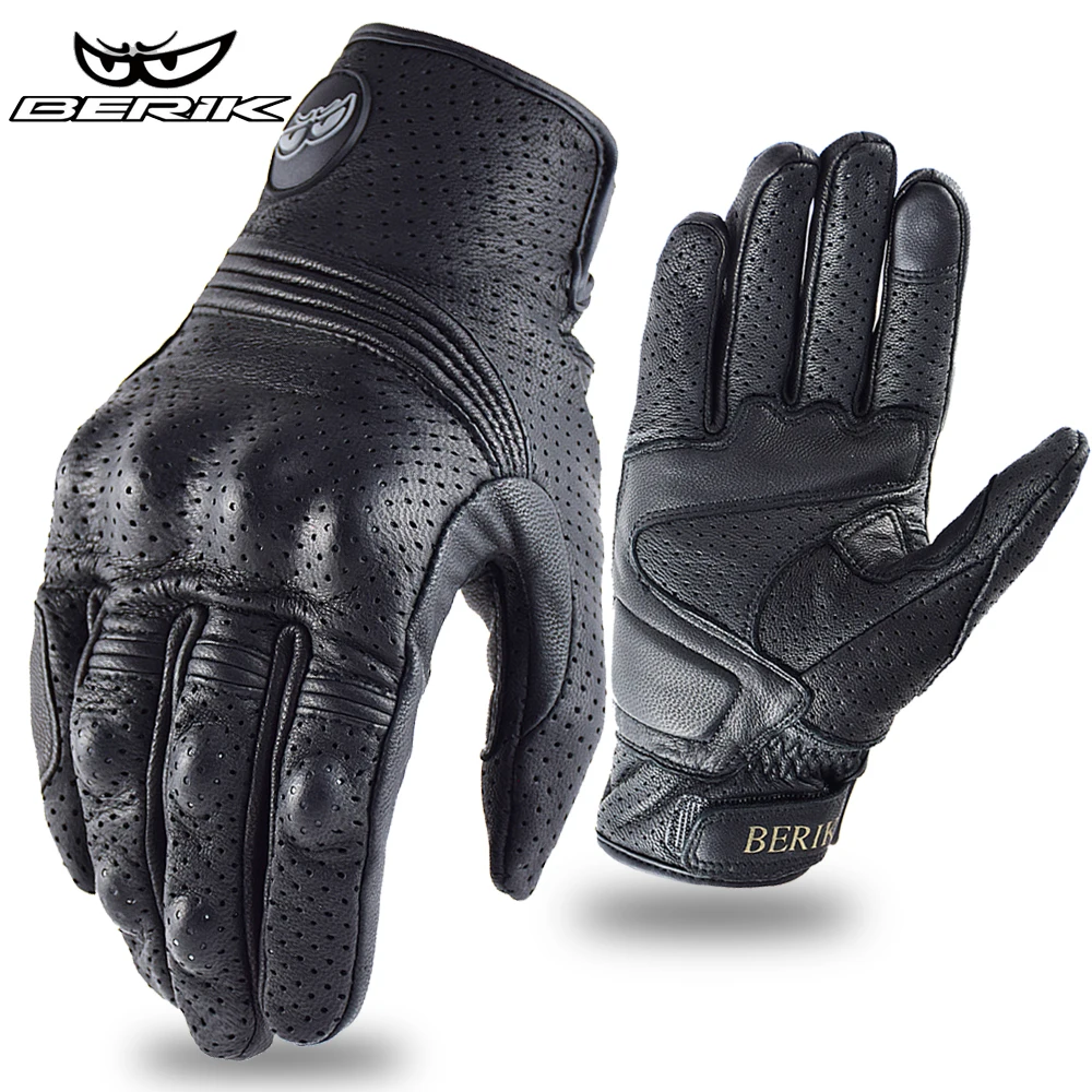 BERIK Summer Motorcycle Gloves 100% Real Leather Breathable Vintage Motorbike Riding Gloves Men Full Finger Motocross Guante