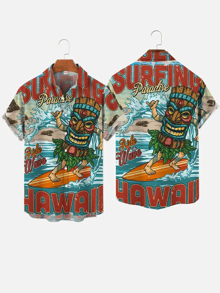 

New Retro Men's 3D Tiki Printed Pattern Hawaiian Shirt Top Summer Loose Casual Clothes For Men Fashion Lapel Short Sleeve Shirts