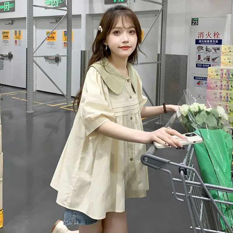 الحلو بيتر بان طوق تقسم طيات فانوس كم قمصان الملابس النسائية 2025 صيف جديد فضفاض الكورية بلايز كل مباراة البلوزات #4