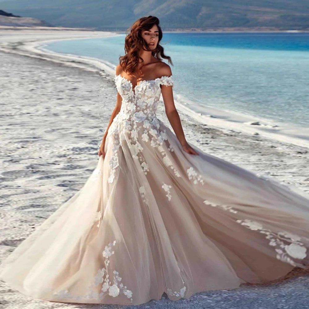 

Exquisite Champagne Wedding Dresses for Women 2024 Summer Off Shoulder Bridal Gowns with Lace Soft Tulle New Vestido De Novia