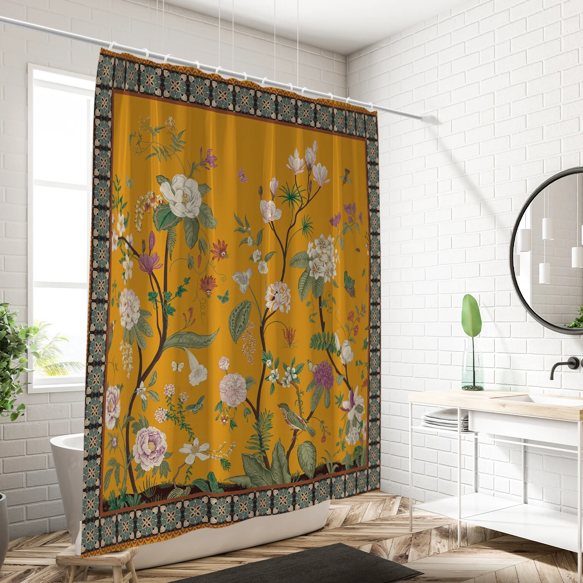 1 piece of 180x180cm yellow retro floral pattern printed shower curtain partition, bathroom waterproof and mildew proof