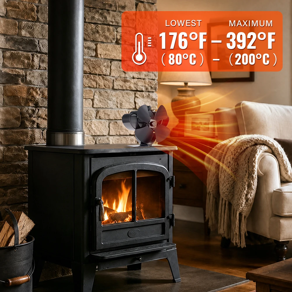 4 Blade Fireplace Fan Heat Powered Stove Fan Heater Log Wood Burner Eco Quiet Fireplace Fan Home Efficient Heat Distribution
