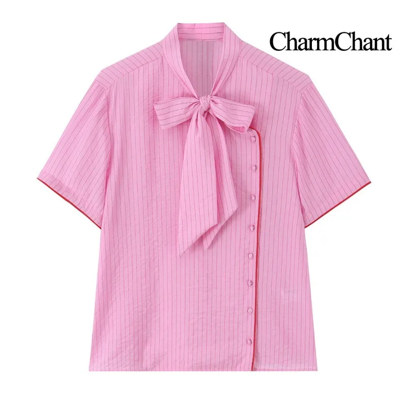 CHARMCHANT Women's Striped Bow Tie Neck Blouse Asymmetric Short Sleeve Stand Collar Shirt Casual Office Vacation Summer 2026