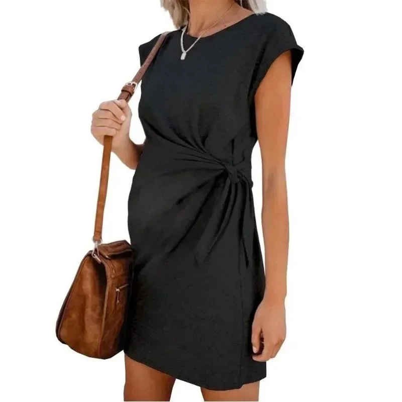 Premama Breastfeeding Fashion Short Sleeve Solid Color Dress for Pregnant Women Maternity Casual Dresses Bow Trim Summer