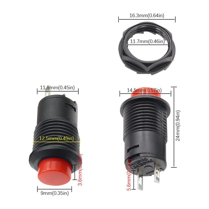 10 Stück DS-427 12mm Lochöffnung Selbstrückstellender Runder Drucktastenschalter 1,5A/250V 3A/125V 2-Pin Kunststoff-Druckschalter – Detail 5