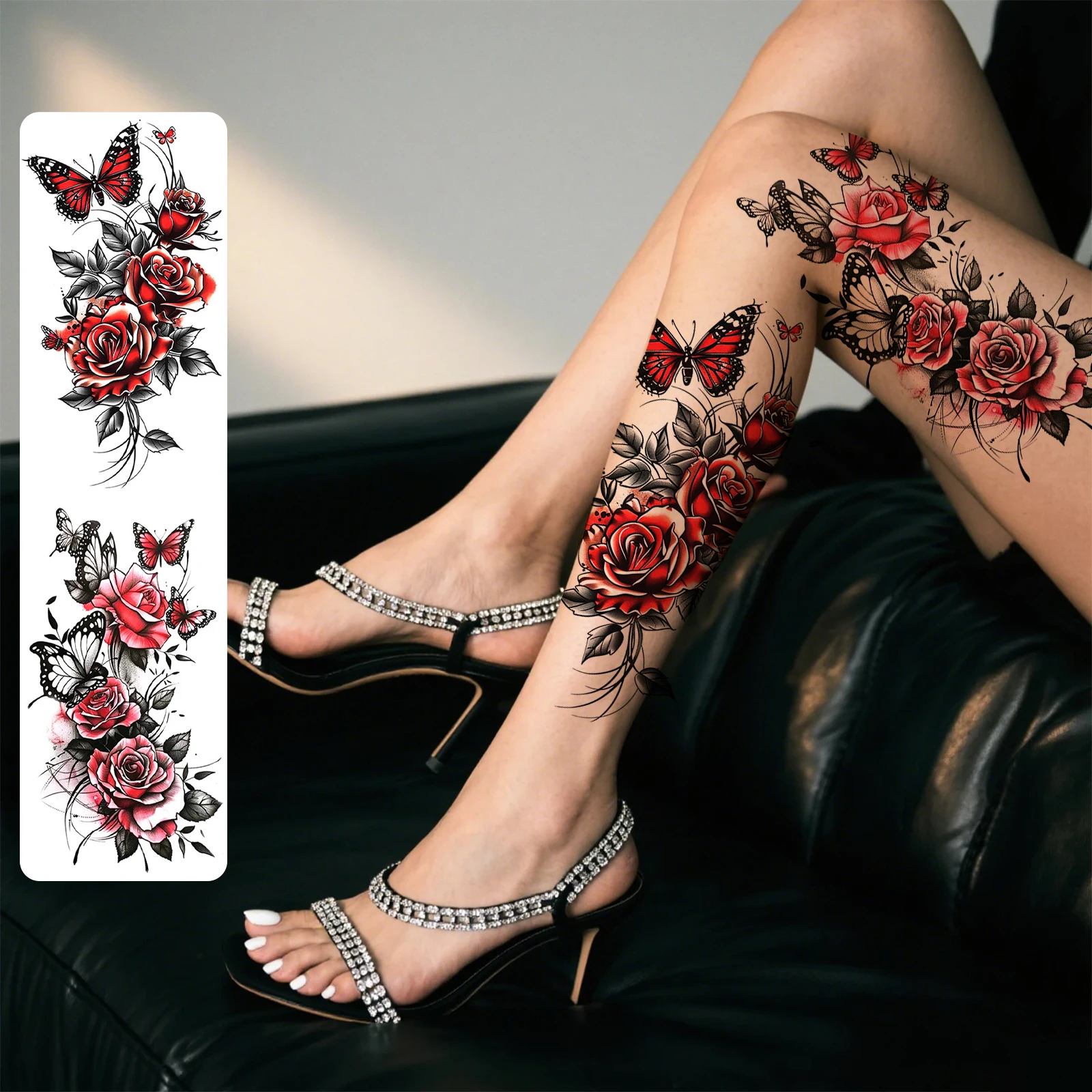 2 Sheets Red Black Rose Flower Butterfly Temporary Tattoo Stickers, Waterproof Fake Tattoos, Suitable for Women and Men