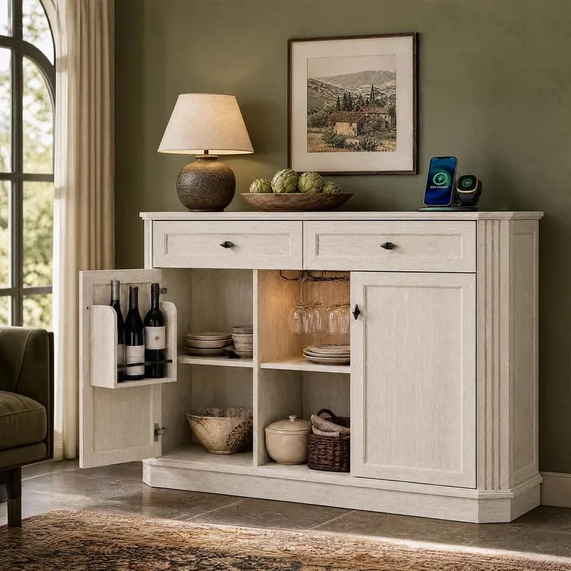 47 Wine Bar Cabinet with LED Light Power Outlets 2 Door Coffee Bar Cabinet with 2 Drawers Sideboard Buffet Cabinet with