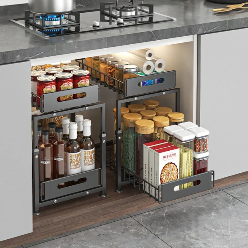 

New model Kitchen cabinet under basket sink rack Adjustable double-layer dish seasoning storage rack Pull-out layered rack