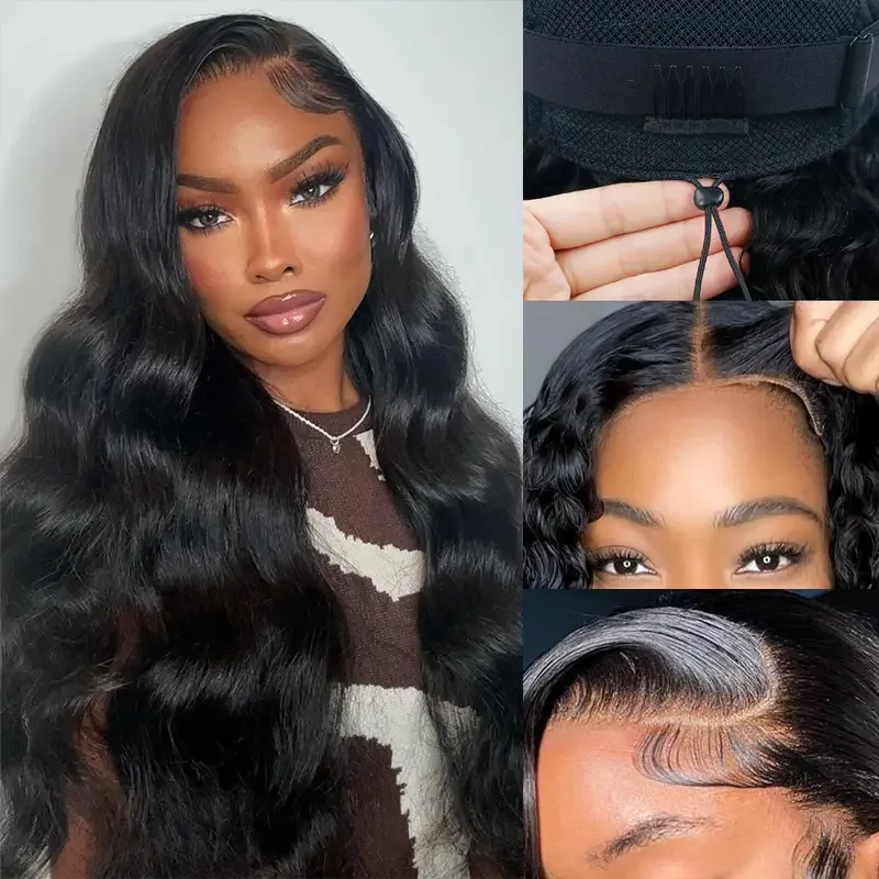 Glueless Human Hair Wig 7x6 Lace Closure Natural Black Adjustable Drawstring Pre-Plucked Hairline Body Wave Wigs 40 46 Inch HD Lace Frontal Human Hair Wigs For Women Pre Plucked 220% Density - view 4