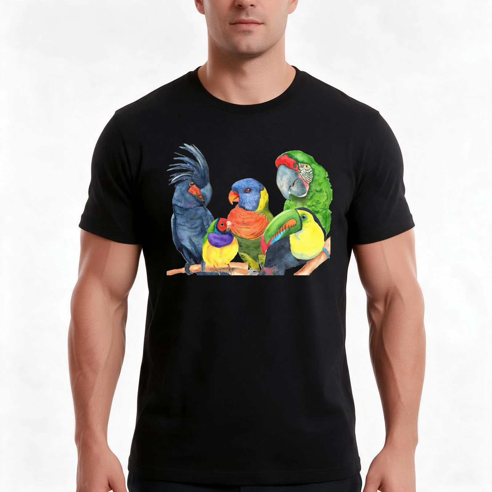 parrots bird watercolor toucan finch lory, cockatoo, macaw T-Shirt, Novelty Saying Tshirt, Soft Cotton Crew Neck Everyday Top