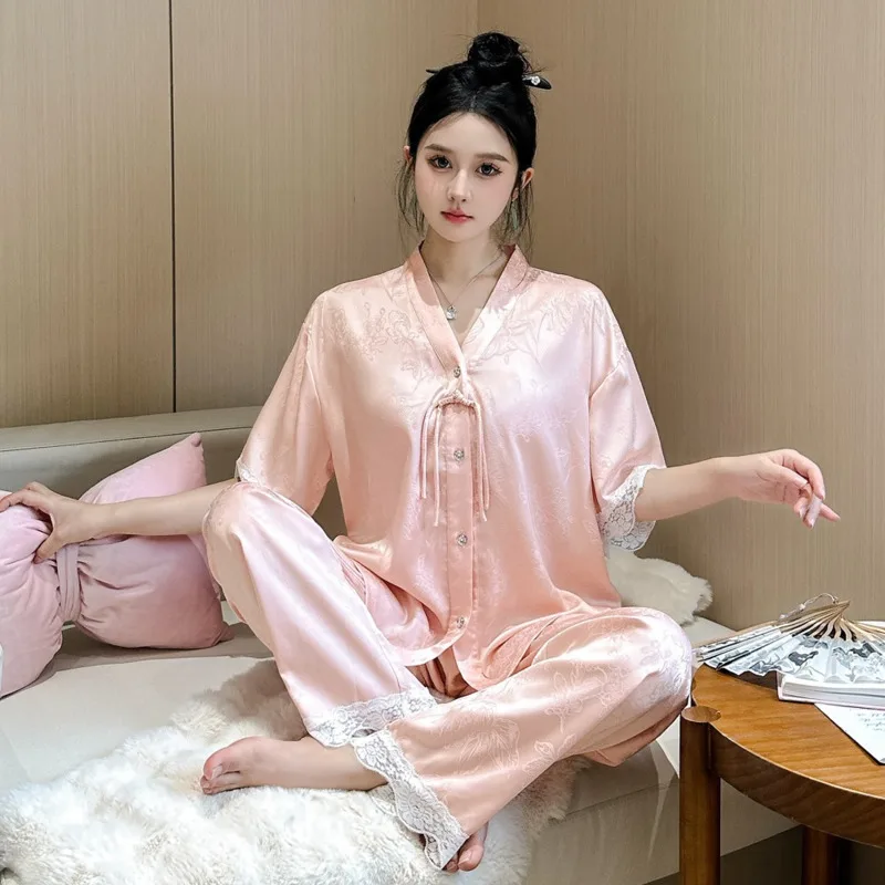 Temperament Luxury Summer New Antique Pajamas Women Ice Silk High-order Jacquard Short-sleeved Cardigan Three-piece Pyjamas Sets