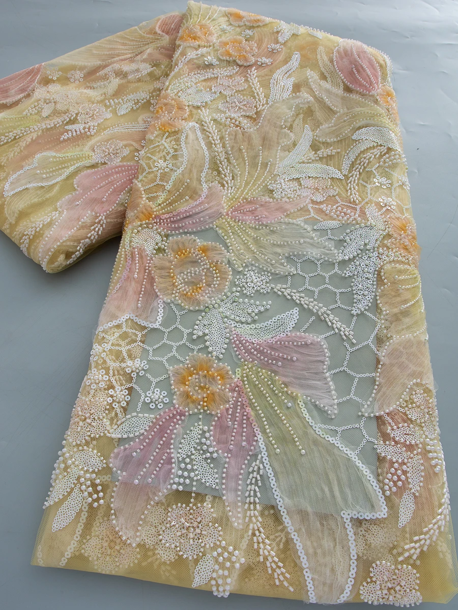 

Африканское кружево 2026: Высококачественная французская тюлевая ткань с пайетками и вышивкой бисером для свадебных нарядов, 5 ярдов