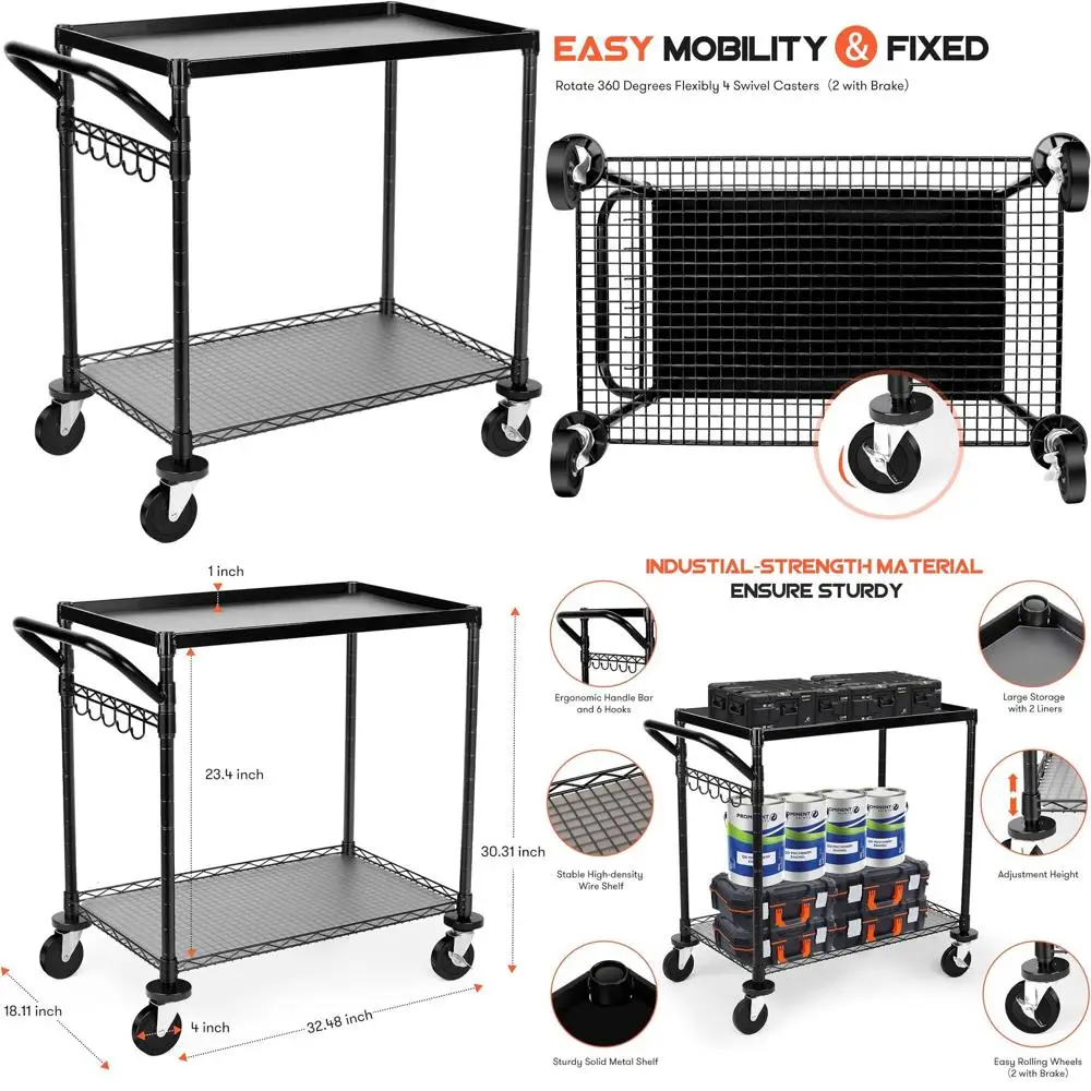 عربة أدوات ذات طبقتين من الدرجة التجارية بسعة 680 رطلاً، وإطار معدني وعجلات ومقبض لاستخدام المطاعم والمطبخ