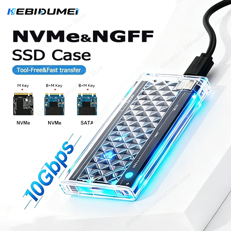KEBIDUMEI M.2 SATA NVMe SSD Case RGB Clear 5/10Gbps Hard Disk Box USB3.2 Gan2 for M.2 NVMe NGFF SSD External Enclosure Adapter