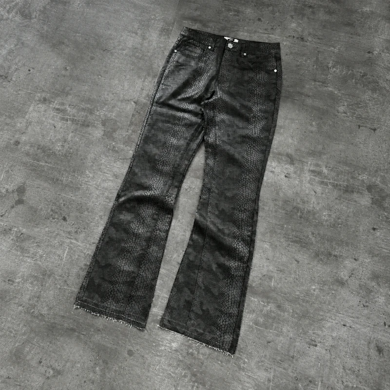 Y2K Black Python Camo Jeans Men Vintage Gloss Coating Stacking Straight Pants Gothic Hip Hop Streetwear Unisex Casual Jeans