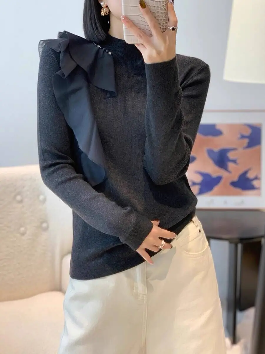 

Женский вязаный шерстяной топ с рюшами, облегающий внутренний свитер, верхняя одежда, универсальный утягивающий топ, осенне-зимняя мода F318