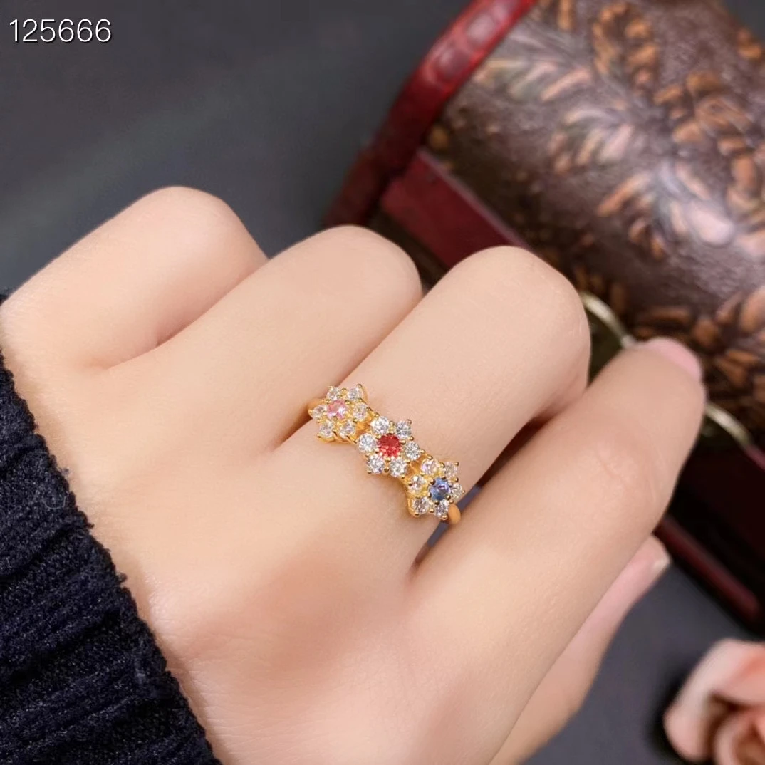 Cute 925 Silver Flower Ring for Girl 3mm Multicolor Natural Sapphire Ring Keep Shining 3 Layers 18K Gold Plated Sapphire Jewelry