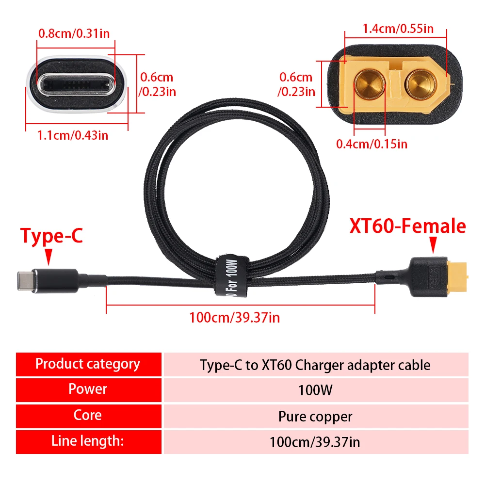 100W Charger Adapter Cable Type-C to XT60 USB-C to XT60 Charging Cable For Model Aircraft Car Model Charging Line