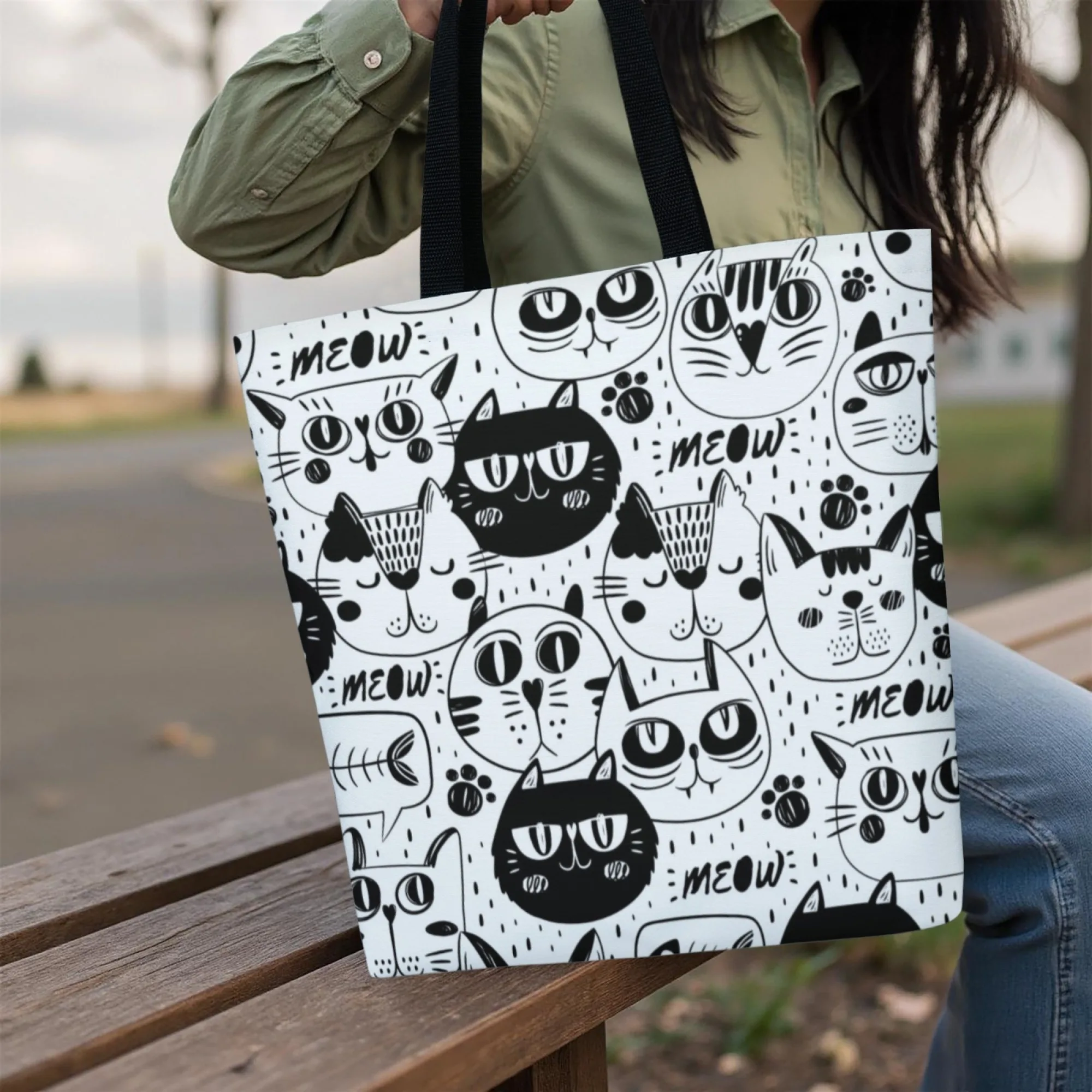 Women's Minimalist Cat Doodle Canvas Tote Bag Black & White Kitten Collage Shoulder Bag Reusable for Daily Use Work Shopping