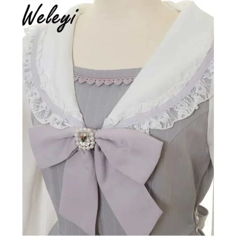 Kawaii Jirai Kei Skirt Suit Damski 2024 Summer Sweet Cute Streetwear Sailor Collar Bow Bandage Top Plisowane szorty Dwuczęściowy zestaw