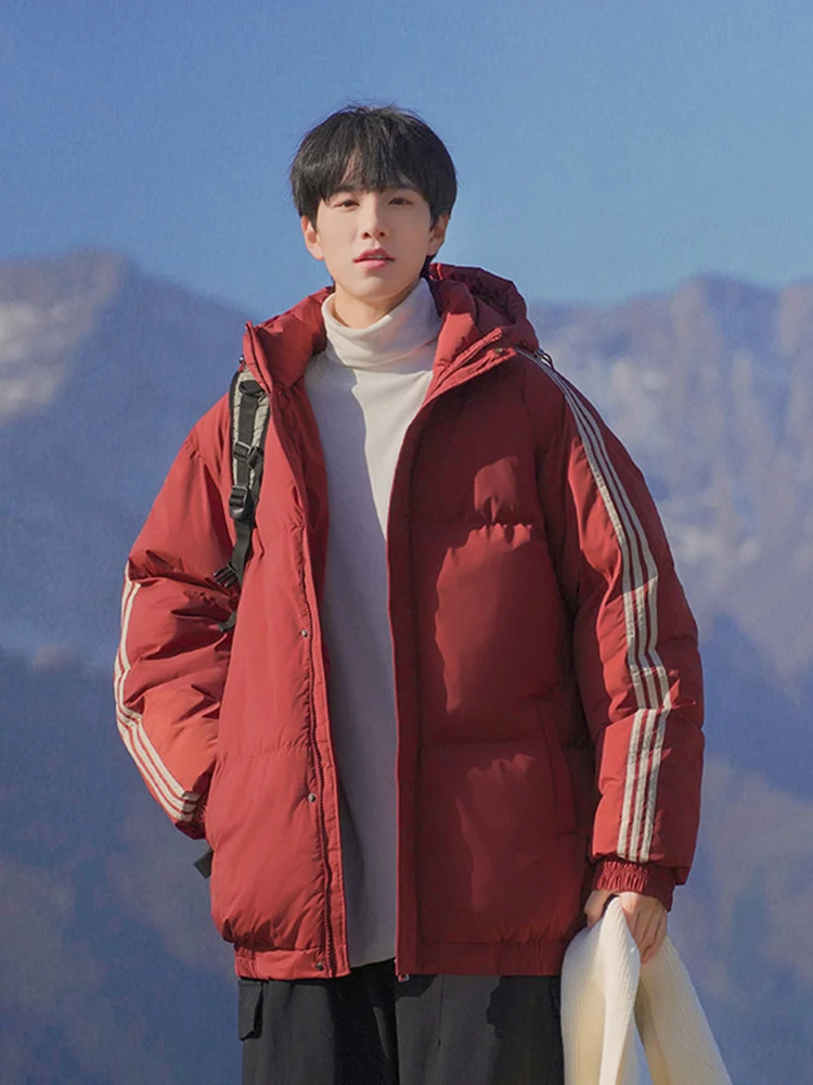 

Утепленная хлопковая куртка-бомбер с капюшоном в полоску для мужчин: теплая зимняя молодежная модная брендовая верхняя одежда