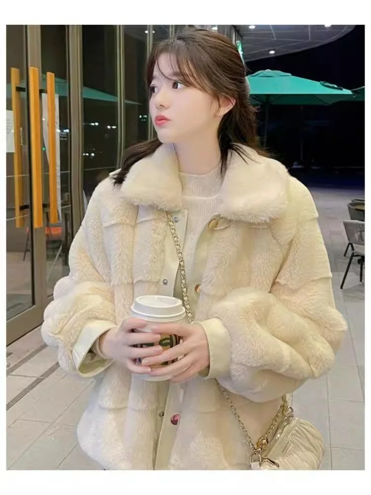 2024 New Lantern Sleeves Fur Outwear Women\'s Autumn and Winter Thickened Short Fashion Imitation Mink Fleece Mink Skin Coat