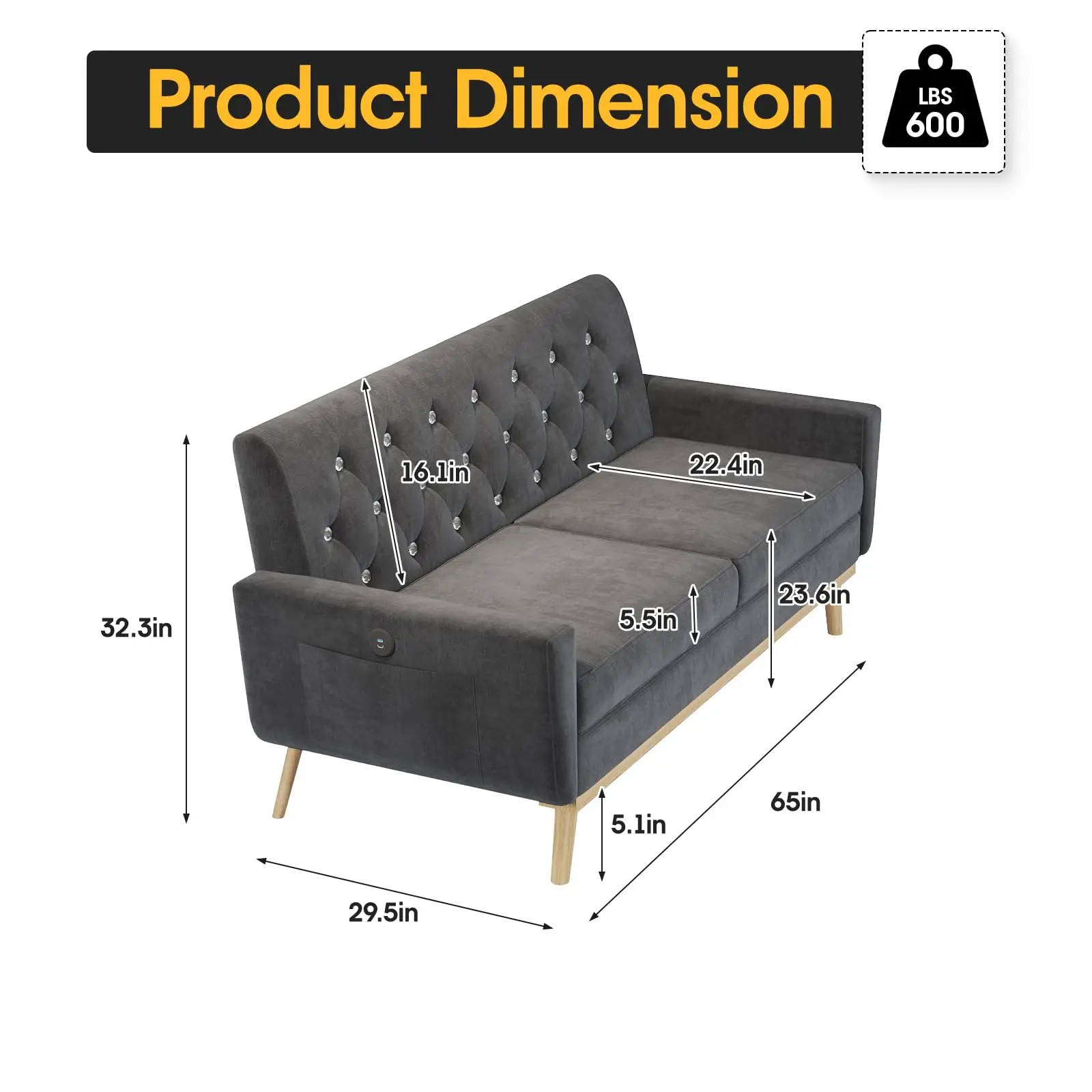 Vabches 65'' Loveseat Sofa with LED Light 2 Seater Sofa with USB Port&Soft Cushion Upholstered Comfy Small Couch for Living Room