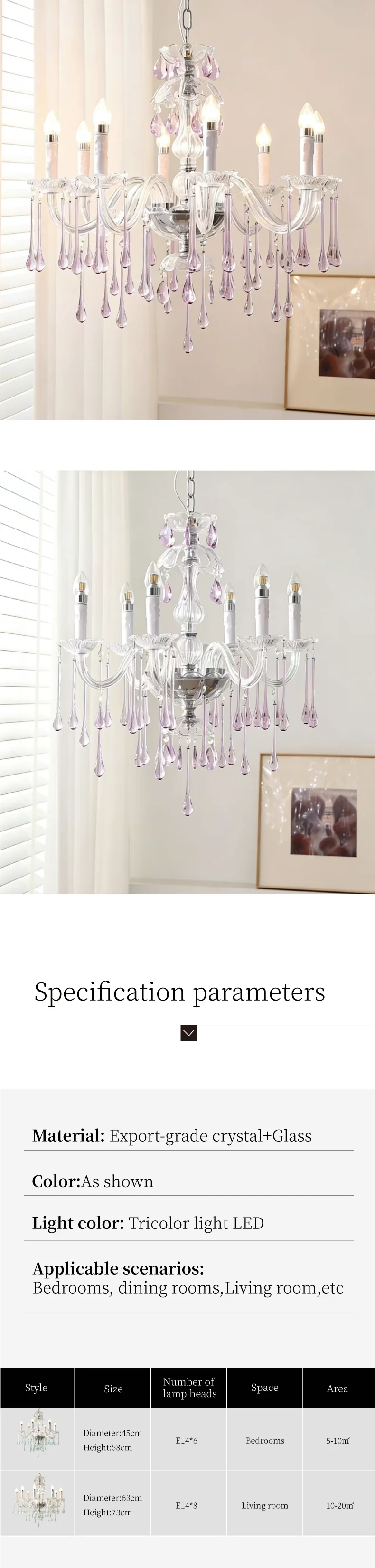 European Candle E14 Chandelier Living Room Crystal